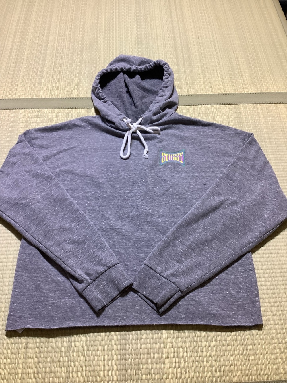 Stussy Heather Gray Hoodie with Multicolor Chest Logo Cropped
